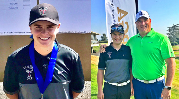 TuHS Golfer Selected to Represent Oregon and US in Australia, Summer 2018 Bryce Hatcher and PGA Pro Chris Woods at the 2017 PGA Oakley Pro Jr., Astoria Country Club.