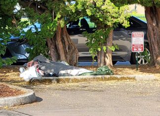 Downtown Tigard the epicenter of local homelessness A homeless person sleeps in a downtown Tigard parking lot.