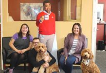 Surrounding a cardboard cutout of “Jake,” State Farm Insurance’s chief advertising spokesperson, are Mark Creevey’s office “staff,” (from left) Gillian Moreno, Creevey holding his golden-doodle Willow, Sarah Kimsey-Sauro and visiting golden-doodle Olive.