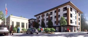 The latest version of the Tigard Senior Housing alongside the Senior Center shows a four-story, 57-unit apartment building.