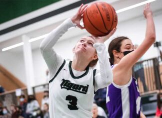Girls’ basketball springs back into action, COVID adds difficulty Sophomore and first-time varsity Ocean Deisner (3) puts up a shot.