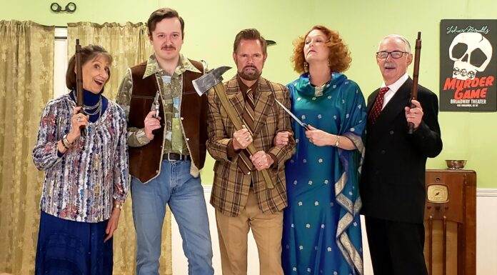 Mask & Mirror Presents a Comic Thriller with Twists and Turns: Deathtrap! Cast in photo, left to right: Diana LoVerso, Blaine Vincent III, Jeff Ekdahl, Patricia Alston, Bud Reece