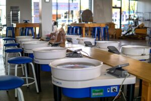 Half of the pottery wheels are designated for members only. The other half are also used as classroom workstations. 