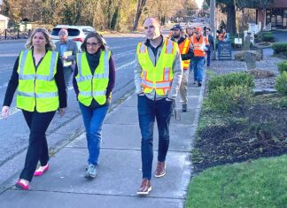 Opinion: Legislative Highlights for Tigard Mayor Heidi Lueb, U.S. Rep. Andrea Salinas, and State Rep. Ben Bowman (L-R) walking along Hall Boulevard to observe conditions and talk next steps