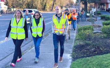 Officials walk Hall Boulevard to keep a Spotlight on its Dangers Mayor Heidi Lueb, U.S. Rep. Andrea Salinas, and State Rep. Ben Bowman (L-R) walking along Hall Boulevard to observe conditions and talk next steps