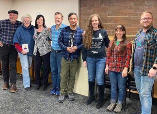 Mask and Mirror Community Theatre presents Moon over Buffalo The cast enjoys a group shot during their first read through of the hilarious script. From left, John Knowles, Virginia Kincaid, Shelley Aisner, Jeff Ekdahl, Les Ico, Liana Dillaway, Amelia Michaels, and Jeff Gardner.