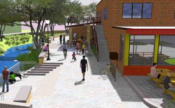 New Plaza and Fanno Creek Trail Access in the Works for Main Street An early rendering shows one possible configuration of Nick Wilson Memorial Plaza. Tigard has contracted Portland-baseds 2.Ink Studio, the firm which created this drawing, to design and engineer the project. The final rendering will likely change substantially.