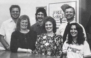 Minuteman Press in Tigard, circa 1988, includes (L - R, front) Karen Littlejohn, Ruth Davidson, and Terri Coffey. (L - R, rear) Mike Johnson, John Zawerucha, and Bob Davidson. 