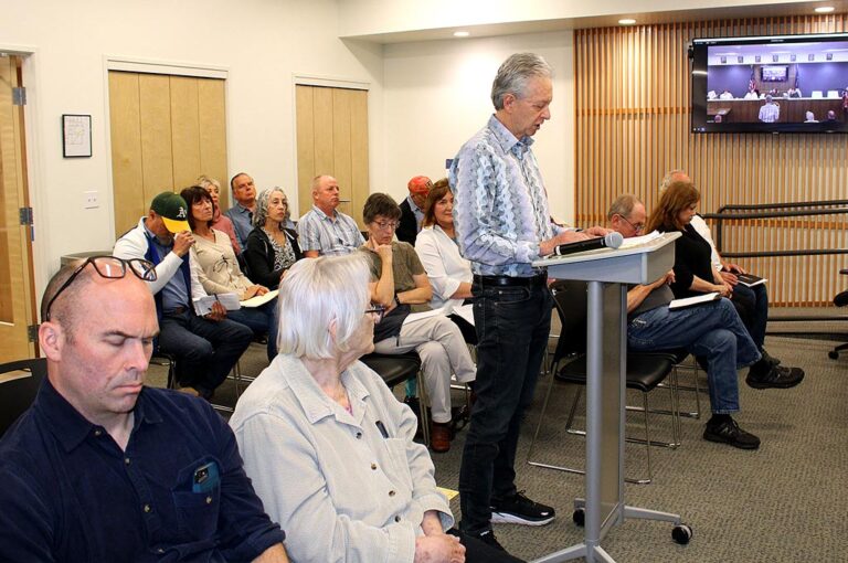 Gregg Russell testifies during an April 26 King City Planning Commission public hearing about the Kingston Terrace Master Plan before commissioners voted to recommend approval of the plan to the City Council.