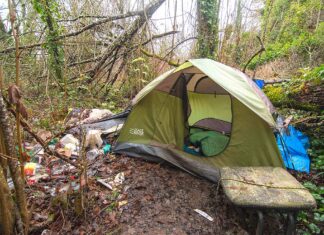 New ordinance regulates houseless camping, limiting hours and areas A camp along Fanno Creek. This area has been the source of numerous complaints from local residents concerned about the increase in homelessness in the city.