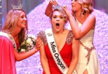 Allison Burke, center, is crowned during the 2023 Miss Oregon competion held in Seaside, Oregon.