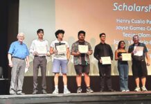 King City Lions Club members Bill Gerkin (far left) and Rick Castle (far right) stand with the Tualatin High School seniors who were awarded Lions club scholarships at the school’s awards ceremony in June.