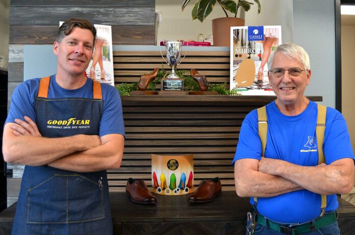 Top Shelf Shoe Repair owner/operator Bryan Berkey poses for a photo with his mentor, Donny Meyers, formerly of New Shoes on Main Street in Downtown Tigard Jules Rogers/Tigard life