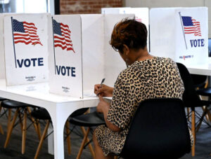 A voter marks her ballot at Fondren Church in Precinct 16 during primary voting on March 10, 2026, in Jackson, Miss. (Photo by Vickie D. King/Mississippi Today)
