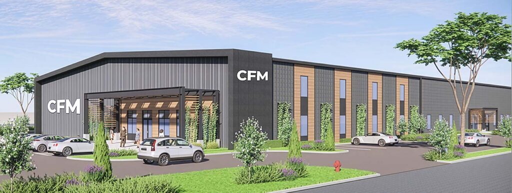 Rendering of Contract Furnishings Mart new home base in Tigard and the CFM branding