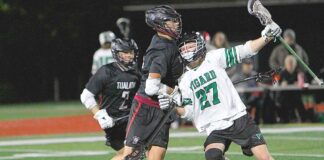Tigard lacrosse teams see growth despite records A Tigers lacrosse player in a white jersey (number 27) maneuvers past two Tualatin defenders in black jerseys during a night game on a turf field.