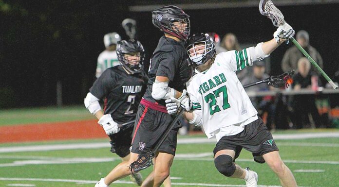 Tigard lacrosse teams see growth despite records A Tigers lacrosse player in a white jersey (number 27) maneuvers past two Tualatin defenders in black jerseys during a night game on a turf field.