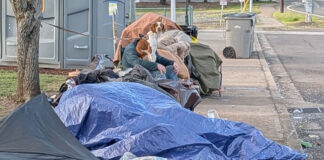 City cracks down on ‘camp materials’ in city rights-of-way A sidewalk in Tigard is partially blocked by a collection of personal items and camping gear, including multiple blue tarps and a portable toilet in the background. A person and a dog are visible amidst the belongings.