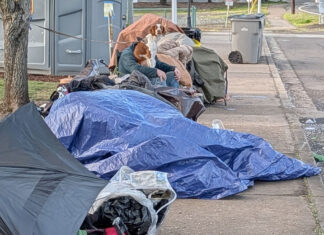 City cracks down on ‘camp materials’ in city rights-of-way A sidewalk in Tigard is partially blocked by a collection of personal items and camping gear, including multiple blue tarps and a portable toilet in the background. A person and a dog are visible amidst the belongings.