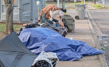 City cracks down on ‘camp materials’ in city rights-of-way A sidewalk in Tigard is partially blocked by a collection of personal items and camping gear, including multiple blue tarps and a portable toilet in the background. A person and a dog are visible amidst the belongings.