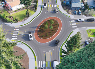 Tigard Doubles Down on Roundabouts A rendering showa the intersection of Southwest McDonald Street and Southwest Omara Street-Southwest 98th Avenue after the construction of a planned roundabout. Plans call for four new roundabouts on McDonald Street.