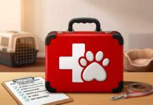 Are You Prepared? Disaster Planning for Your Pets A red hard-shell medical kit labeled with a white cross and an animal paw print, set on a wooden table alongside a coiled leash and a pet emergency preparedness checklist.