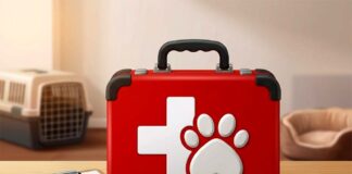 Are You Prepared? Disaster Planning for Your Pets A red hard-shell medical kit labeled with a white cross and an animal paw print, set on a wooden table alongside a coiled leash and a pet emergency preparedness checklist.