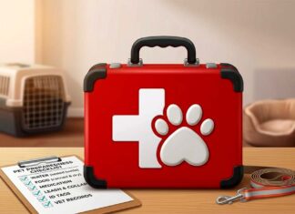 Are You Prepared? Disaster Planning for Your Pets A red hard-shell medical kit labeled with a white cross and an animal paw print, set on a wooden table alongside a coiled leash and a pet emergency preparedness checklist.