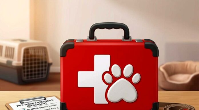 Are You Prepared? Disaster Planning for Your Pets A red hard-shell medical kit labeled with a white cross and an animal paw print, set on a wooden table alongside a coiled leash and a pet emergency preparedness checklist.
