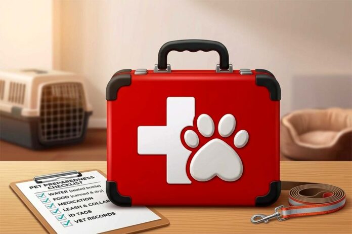 A red hard-shell medical kit labeled with a white cross and an animal paw print, set on a wooden table alongside a coiled leash and a pet emergency preparedness checklist.