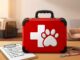 Are You Prepared? Disaster Planning for Your Pets A red hard-shell medical kit labeled with a white cross and an animal paw print, set on a wooden table alongside a coiled leash and a pet emergency preparedness checklist.