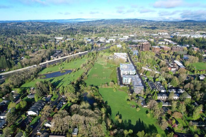 Ash-Creek-aerial-photo An aerial shot of the proposed Ash Creek Nature Link path, which would connect the Metzger area to Washington Square and the regional Fanno Creek Trail, while adding an overpass over Highway 217.