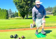 Lawn bowling: ‘What cheap entertainment’ Raymond Francis, coach-administrator of the King City Lawn Bowling Club, demonstrates his bowling form one recent morning on the bowling green of the King City Civic Association.