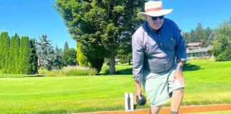 Lawn bowling: ‘What cheap entertainment’ Raymond Francis, coach-administrator of the King City Lawn Bowling Club, demonstrates his bowling form one recent morning on the bowling green of the King City Civic Association.