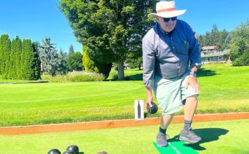 Lawn bowling: ‘What cheap entertainment’ Raymond Francis, coach-administrator of the King City Lawn Bowling Club, demonstrates his bowling form one recent morning on the bowling green of the King City Civic Association.