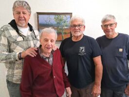 102-Year-Old Metzger Teacher Reunites with Former Students Ray Burman, Randy Volk and Terry Pederson surprised 102-year-old Lou Crucchiola at Beaverton Lodge Retirement on Sunday, June 7.