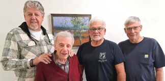 102-Year-Old Metzger Teacher Reunites with Former Students Ray Burman, Randy Volk and Terry Pederson surprised 102-year-old Lou Crucchiola at Beaverton Lodge Retirement on Sunday, June 7.