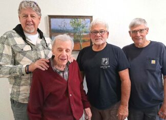 102-Year-Old Metzger Teacher Reunites with Former Students Ray Burman, Randy Volk and Terry Pederson surprised 102-year-old Lou Crucchiola at Beaverton Lodge Retirement on Sunday, June 7.