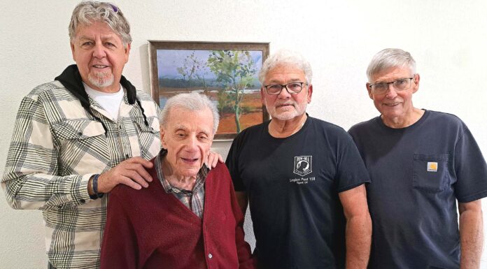 102-Year-Old Metzger Teacher Reunites with Former Students Ray Burman, Randy Volk and Terry Pederson surprised 102-year-old Lou Crucchiola at Beaverton Lodge Retirement on Sunday, June 7.