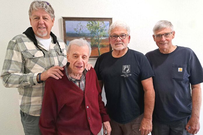 Ray Burman, Randy Volk and Terry Pederson surprised 102-year-old Lou Crucchiola at Beaverton Lodge Retirement on Sunday, June 7.