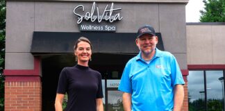 New Locally-owned Wellness Spa Gives a ‘Hug to the Nervous System’ Business Partners Tonie Lough (left) and Chad Jackson stand in front of their newly opened SolVita Wellness Spa.