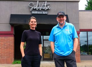 New Locally-owned Wellness Spa Gives a ‘Hug to the Nervous System’ Business Partners Tonie Lough (left) and Chad Jackson stand in front of their newly opened SolVita Wellness Spa.