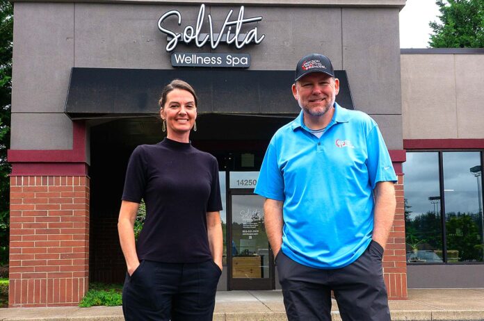 Solvita-owners-storefront Business Partners Tonie Lough (left) and Chad Jackson stand in front of their newly opened SolVita Wellness Spa.