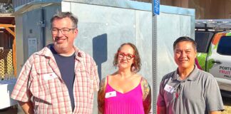 Bethlehem House of Bread Gets New Fruit Fridge (L to R) Bethlehem House of Bread Pastoral Director Jeff Lowry, Portland Fruit Tree Project Executive Director Heather Kiesler and Tigard Mayor Yi-Kang Hu pose in front of the new refrigerator installed at Bethlehem House of Bread.