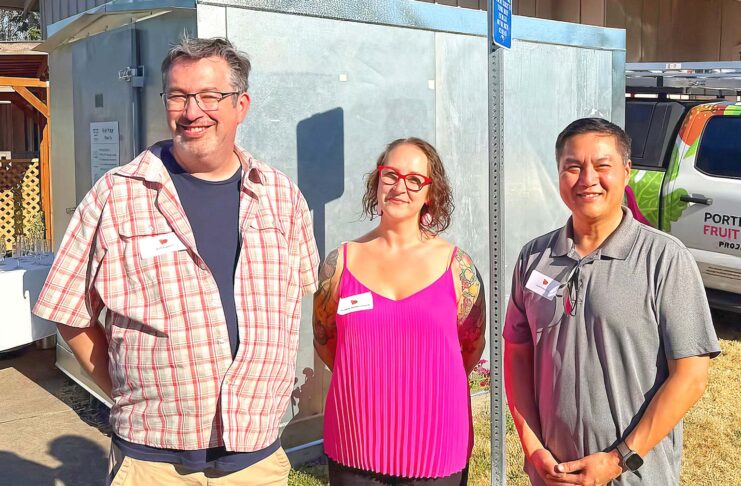 Bethlehem House of Bread Gets New Fruit Fridge (L to R) Bethlehem House of Bread Pastoral Director Jeff Lowry, Portland Fruit Tree Project Executive Director Heather Kiesler and Tigard Mayor Yi-Kang Hu pose in front of the new refrigerator installed at Bethlehem House of Bread.