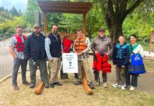 Portable Life Jacket Kiosk Placed at Cook Park Tigard City Councilor Faraz Ghoddusi, Tualatin River Keepers Program Manager Mark Fitzsimons, Randy Scherman from the Nautical Safety Foundation, volunteer Darren Wilhoit, boy scout Quinton Shepard and others gathered around the new kiosk at Cook Park.
